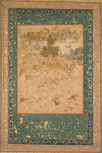 Akbar supervising the capture of wild elephants at Malwa in 1564, painting 90 from an Akbar-nama (Book of Akbar) of Abu’l Fazl (Indian 1551–1602)